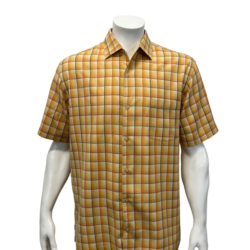 Tommy Bahama Men’s 100% Silk Orange Checked Short Sleeve Button Up Shirt Small